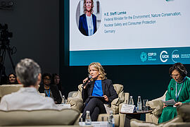 Steffi Lemke in einer Podiumsdiskussion auf der Bühne